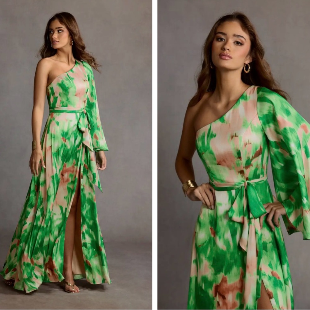Elegant Green and Tan One-Shoulder Dress
